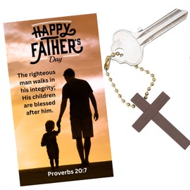 Set of 12 Happy Fathers Day Man of God Wooden Cross Keychains With Bible Verse Pocket Cards Father's Day Gifts For Church Men In Bulk Christian Men's Ministry Bible Verse Proverbs 20 7