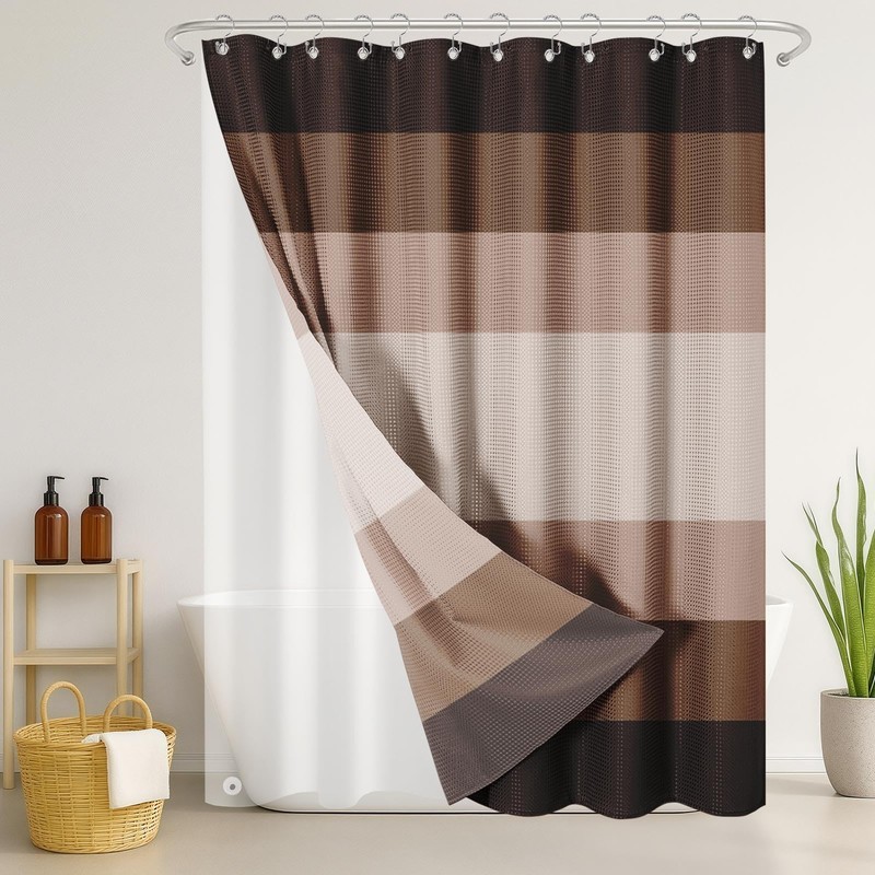 Nesphy Shower Curtain and Liner, Brown Striped 3 in 1