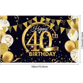 40th Birthday Party Decoration, Extra Large Fabric Black Gold Sign Poster for 40th Anniversary Photo Booth Backdrop Background Banner, 40th Birthday Party Supplies, 72.8 x 43.3 Inch