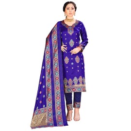 Vestido indio paquistaní listo para usar para mujer, Banarasi Art Silk Salwar Kameez | Traje cosido de seda Dupatta de Minakari, Azul, XXL