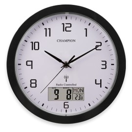 Champion 25cm MSF Radio Controlled Quartz wall clock with inset LCD display with day/date - Black