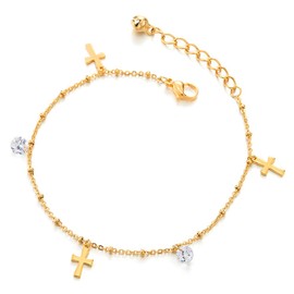 Stainless Steel Gold Anklet Bracelet with Dangling Charms of Cross, Cubic Zirconia and Jingle Bell(CA)