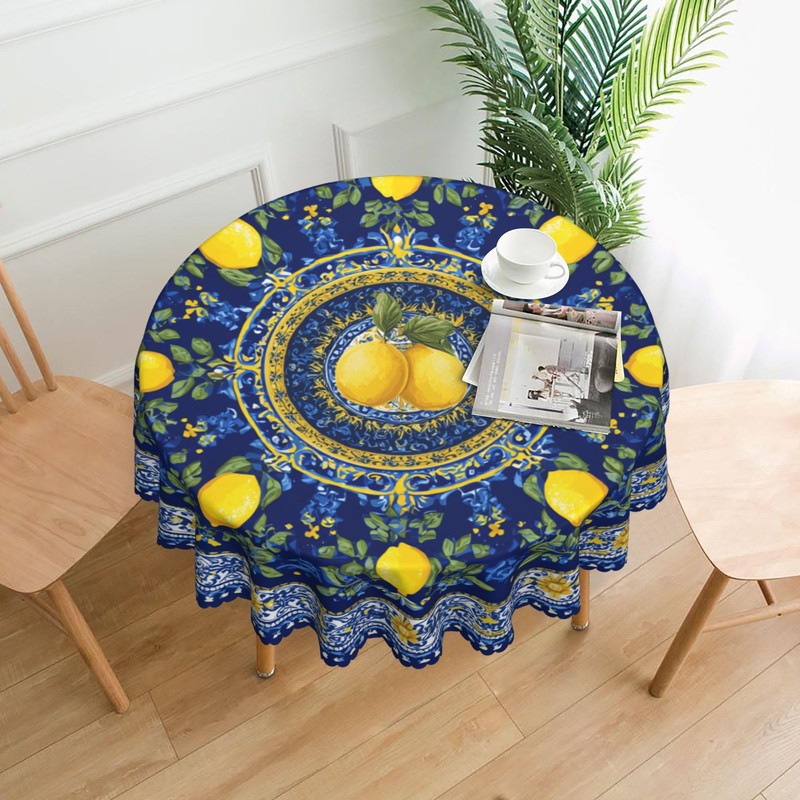 Ecixzyo Lemon Round Tablecloth 60 Inch Polyester Washable Table Cover