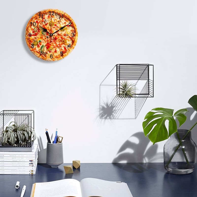 LetusZhogo Pizza Wall Clock 15 Inch Battery Operated Non Ticking