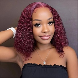 RMOARIWR 99j Burgundy Bob Wig Human Hair 180% Density 4x4 HD Transparent Lace Front Wigs Human Hair Pre Plucked Short Bob Glueless Water Wave Wigs Human Hair for Women 16 Inch