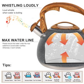 Tea Kettle, Vegoran 100 OZ / 3 Liter Whistling Tea Kettle, Tea Pots for Stove Top Food Grade Stainless Steel with Wood Pattern Folding Handle, Loud Whistle Kettle for Tea, Coffee, Milk (Gray)