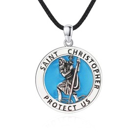 DOTBJ 925 Sterling Silver Saint Christopher Surfer Pendant Necklace with 18 inches Leather Chain - Catholic Patron St Christopher Medal Gift for Women Men.