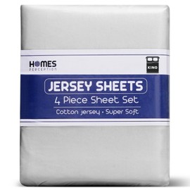 Homes Perception - 4 Piece Jersey Bed Sheets - King Size - Breathable & Soft Cotton Jersey Sheets - Includes Flat Sheet, Fitted Bed Sheet & 2 Pillowcases, Light Gray