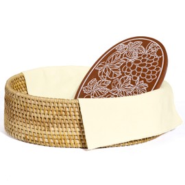 Cecnamt Bread Basket with Terracotta Warmer Stone, Liner and Cover Cloth, Bread Baskets for Serving, Sourdough, Bakers Gift for Kitchen, House Warming Gift - Vietnamese rattan