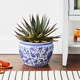 Red Lantern 12" Floral Blue & White Porcelain Fishbowl Planter or Cachepot for Indoor/Outdoor Use in Garden Entryway Living Room Boho Eclectic Modern Contemporary Classic Traditional Style Decor