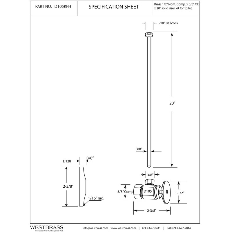 Westbrass D105KFH-01 5/8" x 3/8" OD x 20" Flat Head