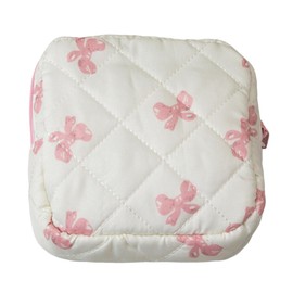 Lyssiatina Mini Quilted Makeup Bag for Purse,Small Quilted Cosmetic Pouch with Compartments,Cute Travel Toiletry Essentials for Women（Pink Bow）