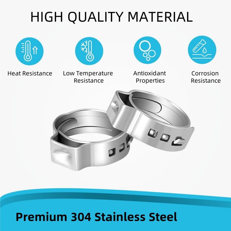 50PCS 1/2 Inch PEX Cinch Clamp Rings, 304 Stainless Steel