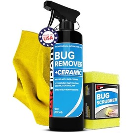 Bug and Tar Remover for Cars Exterior with Ceramic - Easily and Safely Clean Bug Splatter, Bird Poop from Paint, Plastic, Metal, Glass - Pre Wash for Car Detailing - 18 fl. Oz. with Scrubber Sponge