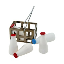 Shuade Miniatur-Milchflaschen und Korb-Set für Puppenhäuser, Küche und Esszimmer, 5 Stück