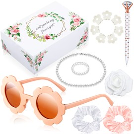 16 Pcs Flower Girl Proposal Box Kit Gifts Round Glasses Necklace Pearl Bracelet Diamond Pen Hair Scrunchies Rose Will You Be My Flower Girl for Wedding (Cute Color)