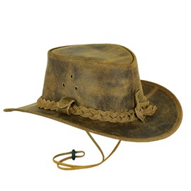 Leatherick Unisex Cowboy Hats Genuine MadHorse Leather West Aussie Style with Chin Strap (L, Crazy Beige), Crazy Beige Brown