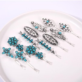 12PCS Western Turquoise Hairpins for Women,Cute Flower Hair Clips Turquoise Yall Hairpins Vintage Turquoise Hair Accessories (Blue)