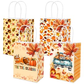 MUZRUYOU Fall Themed Party Favor Bags with Handles and Maple Leaf Tags, 16 Fall Themed Favor Bags, 4 Styles, Perfect for Birthday Parties or Pumpkin Maple Leaf Baby Showers