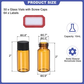 PATIKIL 10ml Amber Glass Vials, 50 Pack Sample Vials with Screw Cap and Write-on Spot Reagent Media Bottle with Labels Leak-Proof Liquid Vial for Lab