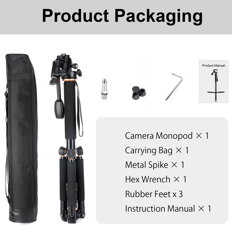Koolehaoda 71.6” Camera Monopod with 3-Way Pan Tilt Head &