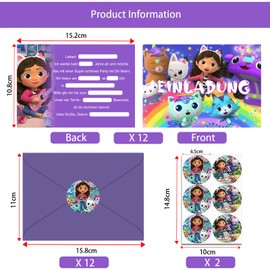 OSOFREE 12 x Gaby Dolhouse Invitation Cards Children's Birthday Girl with Envelope German, Cartoon Birthday Invitation Cards Set for Themed Party, Children's Birthday Party Invitations (A6)