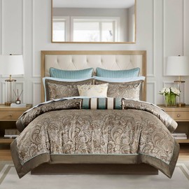 Madison Park Aubrey Cozy Comforter Set, Faux Silk Jacquard Paisley Design - All Season Down Alternative Bedding with Cotton Bed Sheets, Bed Skirt & Toss Pillows, King Blue 12 Piece