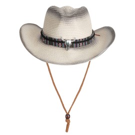 Straw Cowboy Hat Wide Brim Sun for Men Women Cowgirl Panama with Chin Strap Bull Sombrero Travel Change Color, Beige& Black, One Size