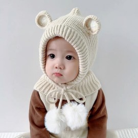 Kids' Winter Balaclava with Shawl Scarf & Pompom - Cute Baby Hat lf1857, One Size (45-51cm, 8 Months-4 Years) Red [Fur Ball Bear] 3ea