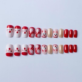 Christmas Press On Nails Medium, Christmas Nails Glue On，24Pcs Christmas Fake Nails With Glue, Red with Glitter Christmas Nails Press On With Snowflake and ElkDesign Stick On Nails for Women