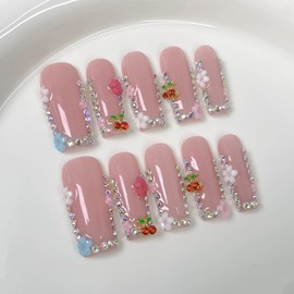 Handmade Press on Nails Long Square Fake Nails with 3D Cherry Rhinestones and Flower Designs False Nail Pink Sparkly Acrylic Nail French Tip Women 10pcs (Size M）