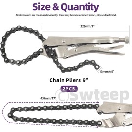 Swpeet 2Pcs 9 Inch Heavy Duty Alloy Steel Locking Chain Clamp Pliers with 20" Chain, Reversible Oil Filter Tool Pipe Fittings Tools Chain Vise Wrench Provide Maximum Locking Force