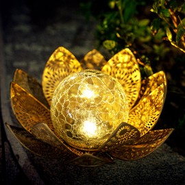 Elfengarden Solar Lights Outdoor Waterproof Lotus Flower Metal Yard Art Decoration Crackle Globe Glass Solar Lamp Garden Decor for Outside, Flowerbed Lawn Patio Porch Pathway Pond Decorations