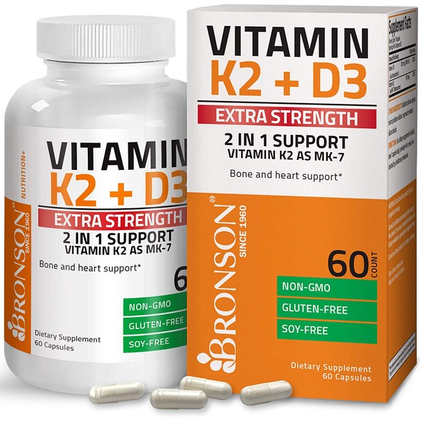 Bronson Vitamin K2 (MK7) with D3 Extra Strength Supplement Bone and Heart Health Non-GMO Formula 10,000 IU Vitamin D3 & 120 mcg Vitamin K2 MK-7 Easy to Swallow Vitamin D & K, 60 Capsules