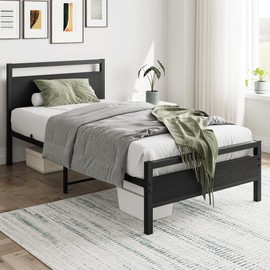 HOJINLINERO Black Twin Bed Frame with Wood Headboard,Metal Single Platform Bed Frame Twin Size No Box Spring Needed,Heavy Duty Metal Slats Support,Mattress Base,Noise Free,Easy Assembly,Black
