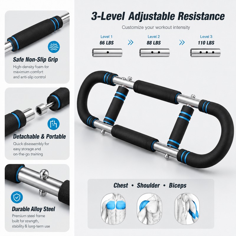 66–110 lb Adjustable Twister Arm Trainer – 3-Level Chest Expander
