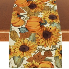 Linen Watercolor Pumpkin Sunflower Fall Table Runner Farmhouse Fall Autumn Thanksgiving Harvest Festival Decorations and Supplies for Home Kitchen Table-13×108''