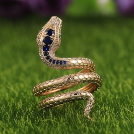 Gold Coiled Snake Ring, Reptile Serpent Ring for Men, Blue Crystal Snake Animal Ring Blue Stone Serpent Jewelry, Twisting Serpent Ring Coiled Serpent Ring Snake Cocktail Party Ring for Boys (T1/2)