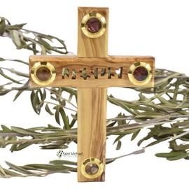 Jesus Holy Land Olive Wood cross, Cut Out Hanging Wall Cross from Jerusalem, The Four glasses on each end are filled with stone and flowers from Jerusalem, olive leaves, and Incense from Bethlehem