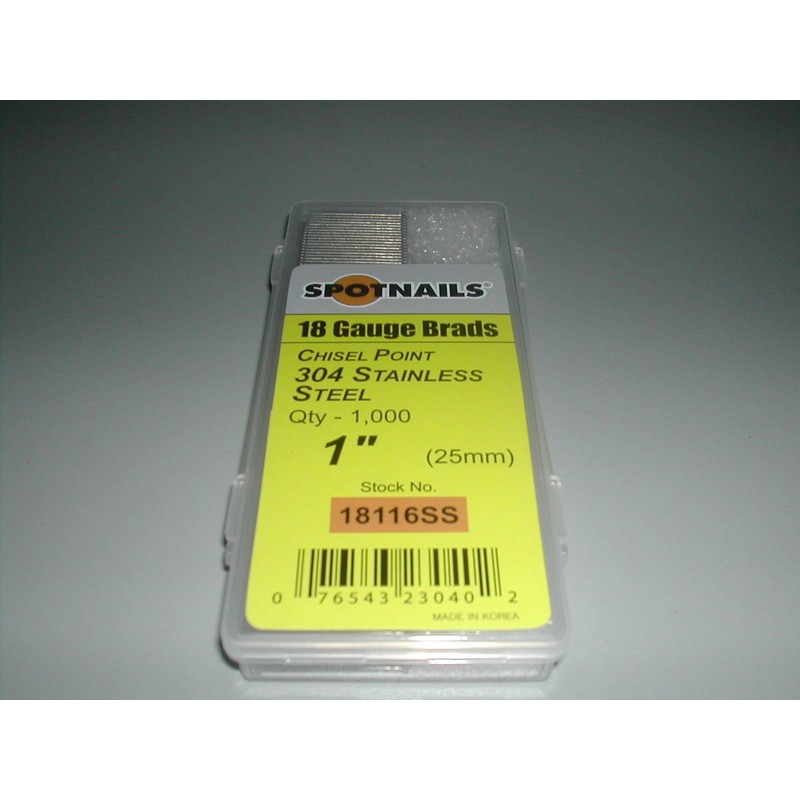 18 Gauge 1" Inch Brads STAINLESS STEEL (1,000) Straight Strip