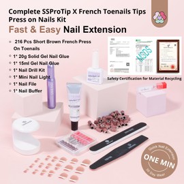 SAVILAND Gel X Nail Kit: 18 Sizes Toenails Gel Nail Kit with Nail Drill Solid Nail Glue Gel 216 Pcs Nude Toe Nail Tips U V Lamp and Strong Gel X Nail Glue Pedicure Tools Acrylic Nail Kit for Nail Art
