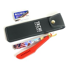 TACHIUSA NAVAJA FOLDING KNIFE STRAIGHT SHAVING RAZOR AMERICAN FLAG SHAVETTE +10 BLADES