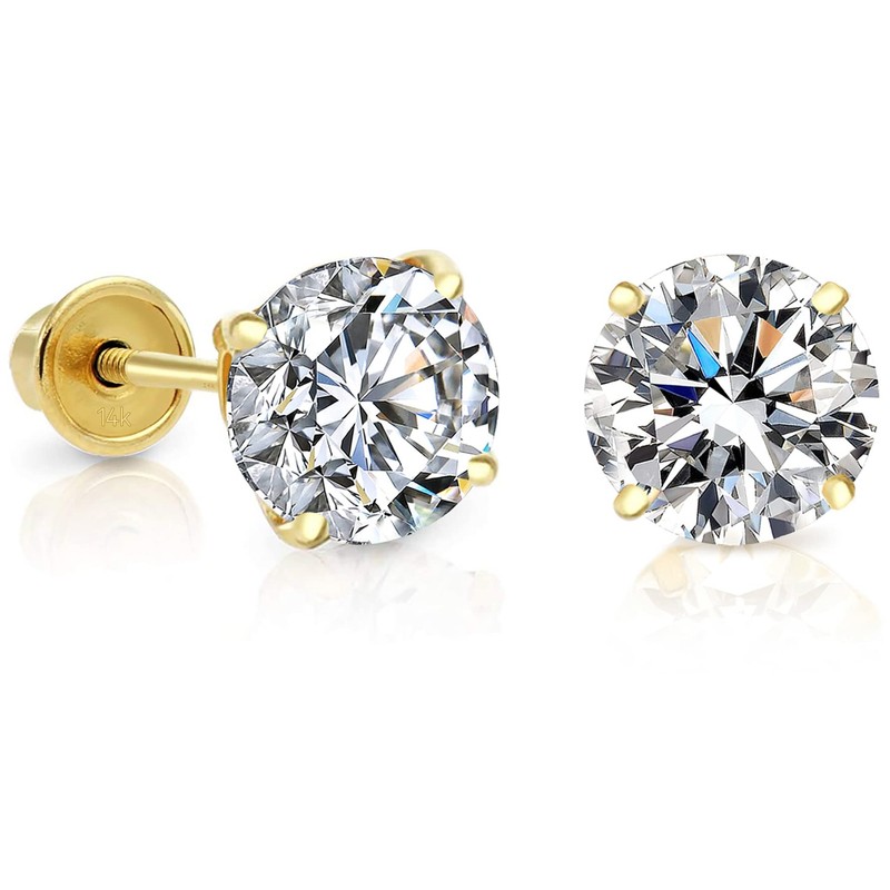 14k Yellow Gold Solitaire Cubic Zirconia Stud Earrings with Screw