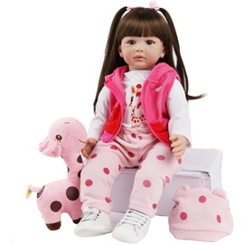 Anyee Realistic Baby Doll with Plush Giraffe Toy, Pink Polka Dot Outfit, 24 inches,Reborn Dolls Girl 24 Inch 60cm Soft Silicone Vinyl Reborn Toddler Dolls,Newborn Boy Girl Toys Xmas Gifts
