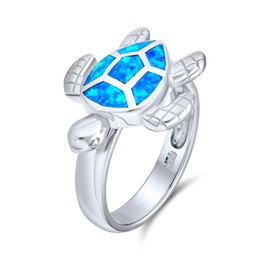 Bling Jewelry Sterling Silver Synthetic Blue Opal Inlay Nautical Sea Turtle Ring