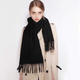 Qianlei Winter Scarf Women's Pure Black Cashmere Scarf Women's Strong Soft Tassel Scarves For All Seasons