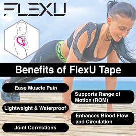 FlexU Kinesiology Tape - 40 Extra-Wide Pre-Cut Y-Shape Strips (3"x10") - Unique Design for Lower Back, Shoulders, Knees, and Neck - Professional-Grade Muscle & Joint Support (Blue)