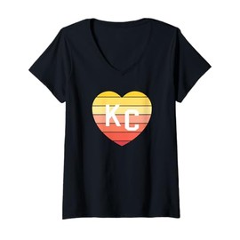Womens Heart KC Retro Sun Red/Yellow KC Heart Love KC Love Letters V-Neck T-Shirt
