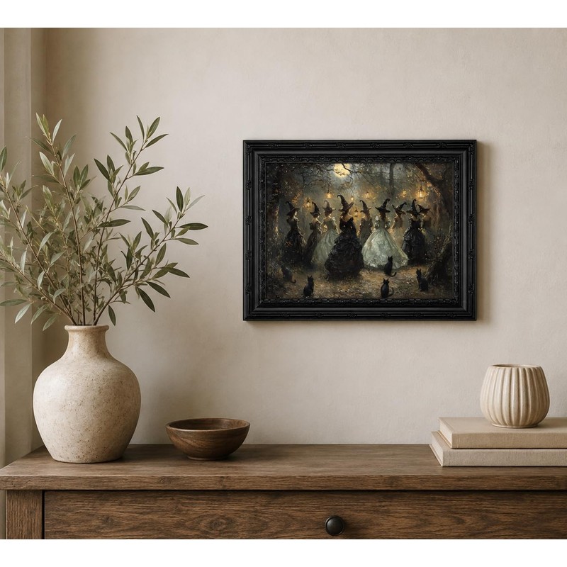 DULASI Framed Witch Wall Art, Moonlit Forest Witch Gathering Painting