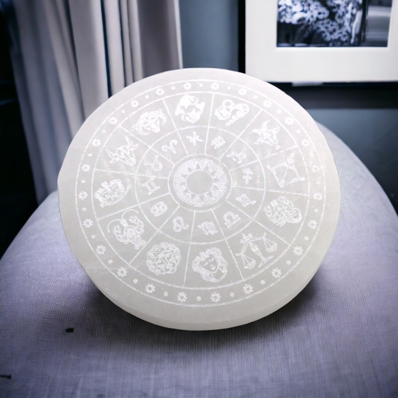 Selenite Charging Plate with Zodiac Sign "Astrology" Engraving Diameter 10.5